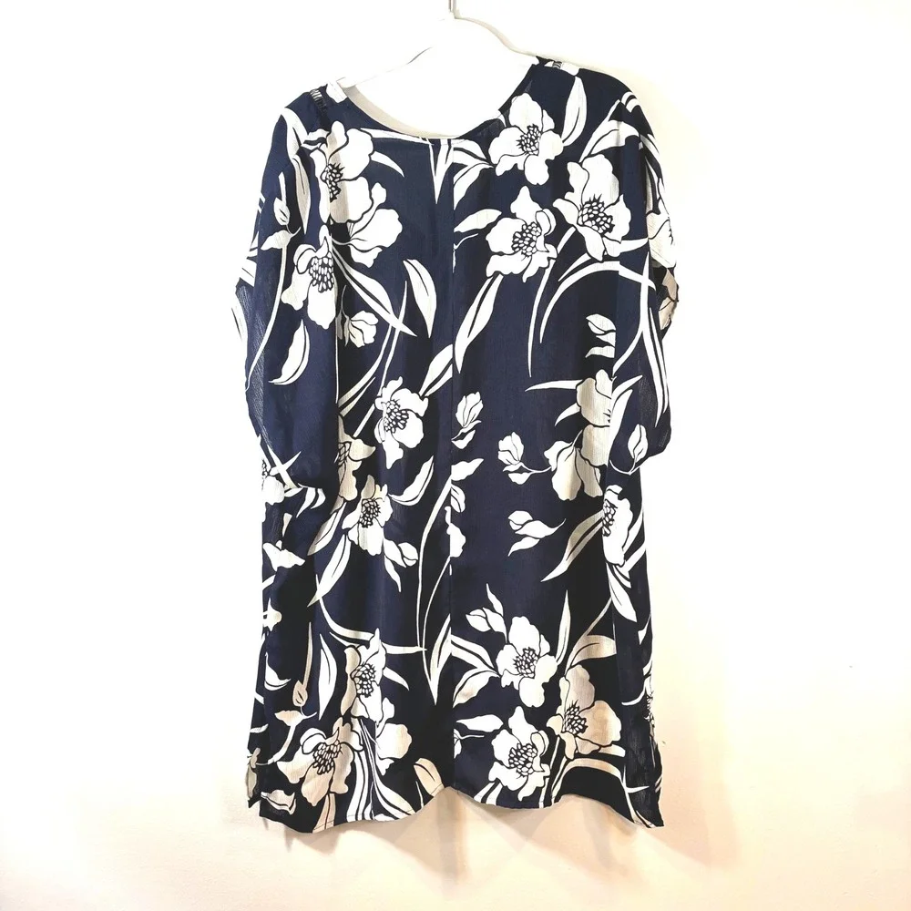 Kona Sol Floral Swim Cover Up‎ Tunic Top Navy White V Neck Casual Womens-XL